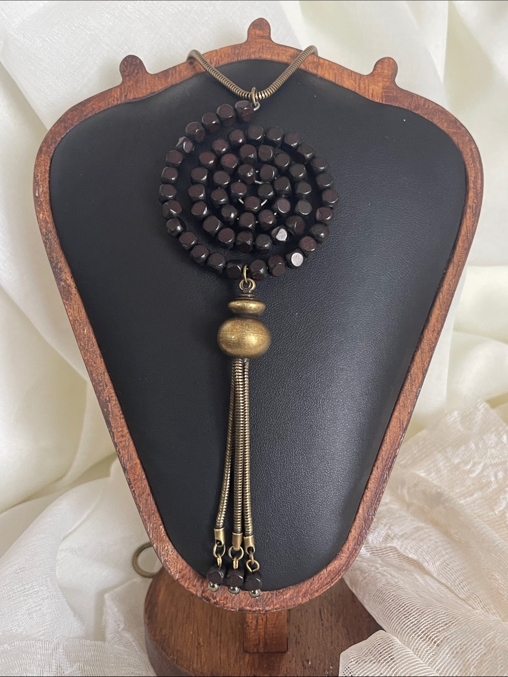 Antique Brass Tassel Necklace with Black Bead Pendant